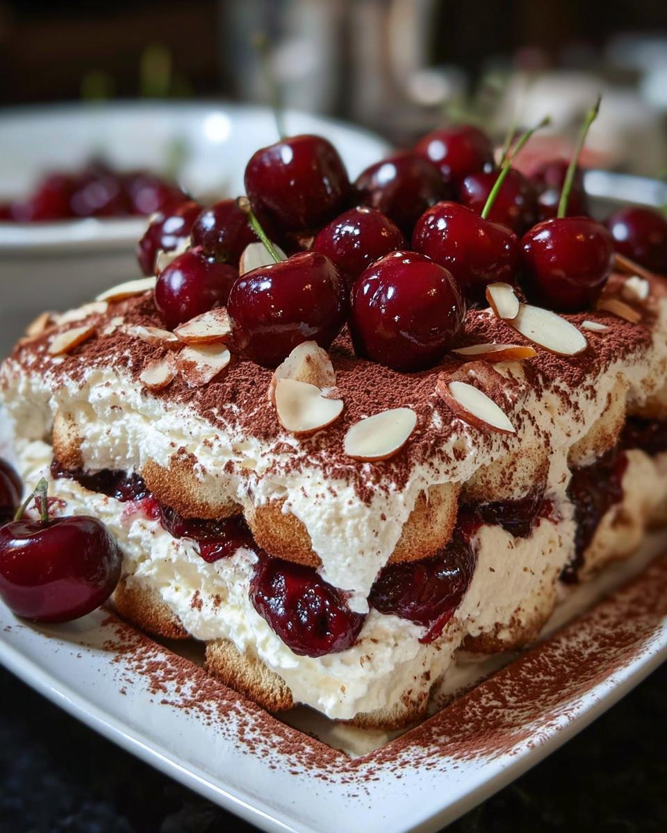 Close-up of a decadent Cherry Amaretto Tiramisu topped with fresh cherries, cocoa powder, and almond slivers.