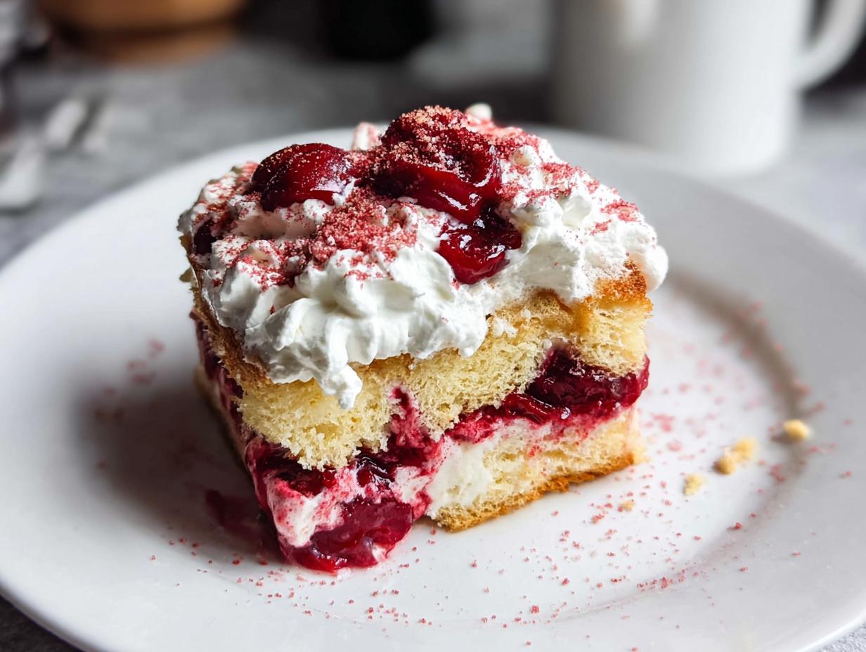 A slice of Cherry Amaretto Tiramisu on a white plate, featuring layers of cake, cream, and cherries, topped with whipped cream and cherries.