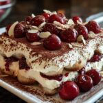 A decadent slice of Cherry Amaretto Tiramisu, layered with cream, cherries, and ladyfingers, topped with cocoa powder and fresh cherries.