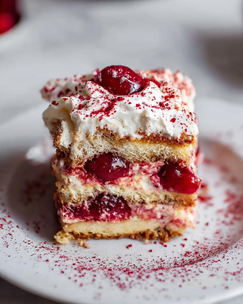 A decadent slice of Cherry Amaretto Tiramisu, featuring layers of ladyfingers, cream, and cherries, topped with whipped cream and a cherry.