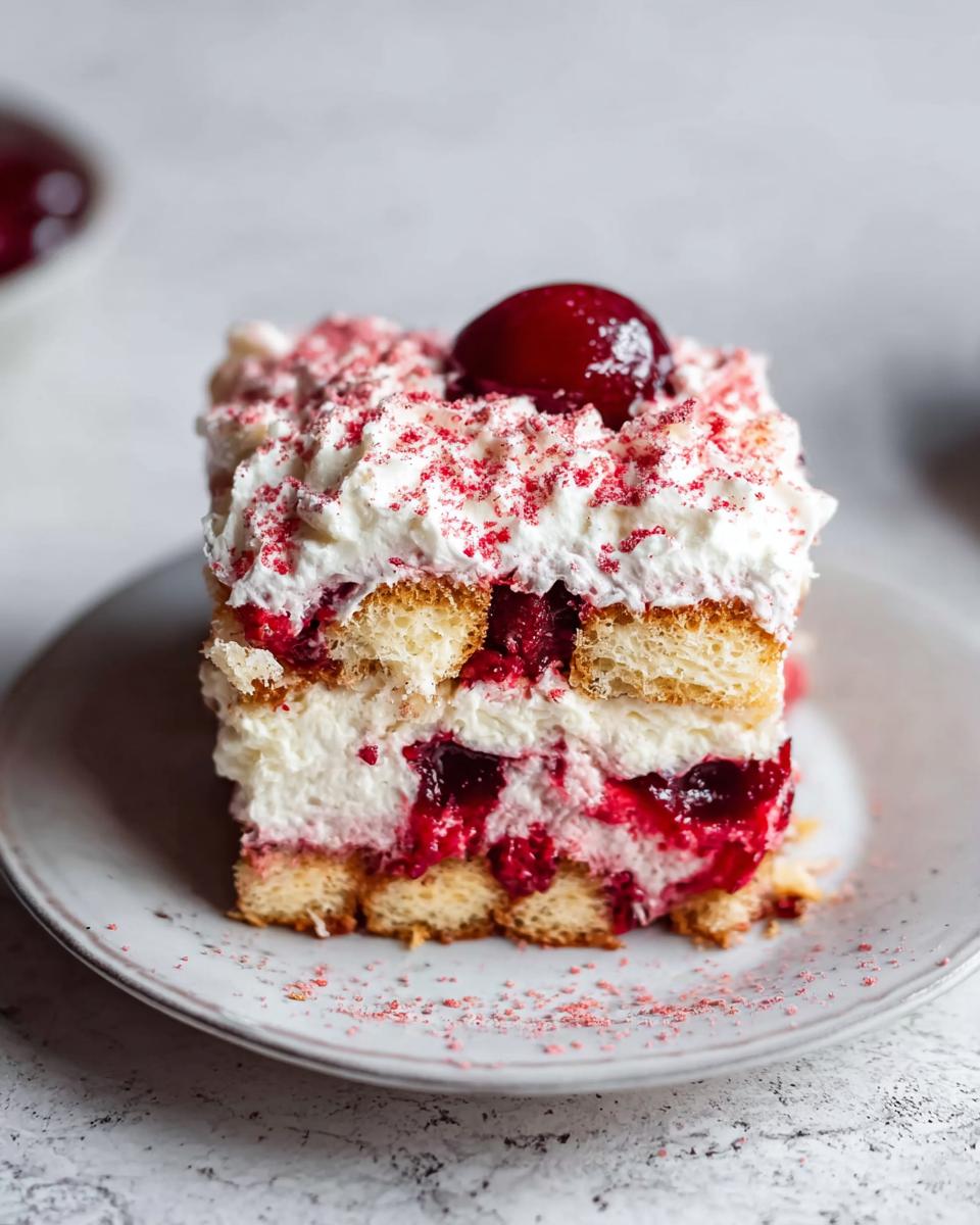 A decadent slice of Cherry Amaretto Tiramisu, featuring layers of ladyfingers, cream, and cherries, topped with whipped cream and a cherry.