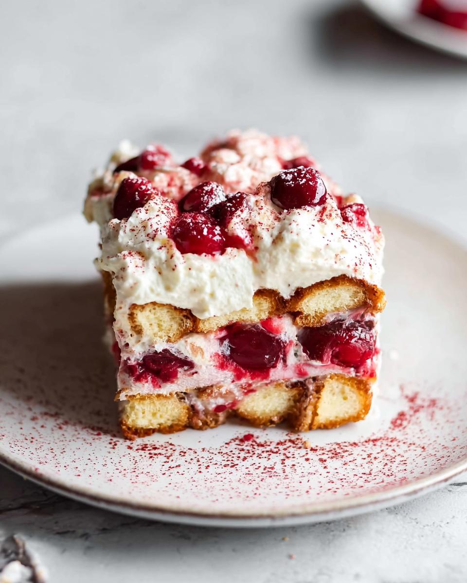 A delicious slice of Cherry Amaretto Tiramisu, showcasing layers of ladyfingers, cream, and cherries.