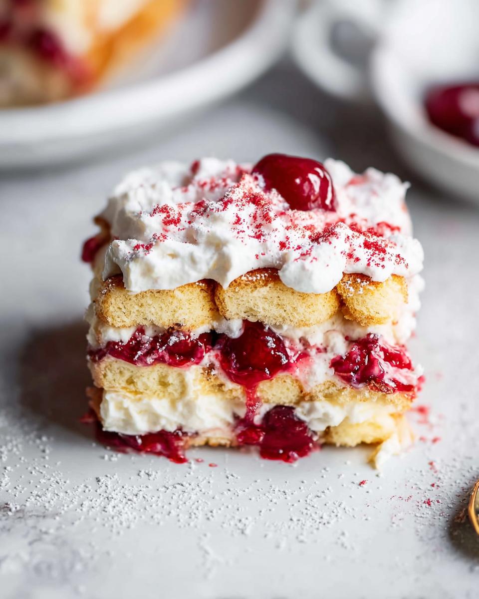 A decadent slice of Cherry Amaretto Tiramisu, layered with ladyfingers, cream, and cherries, topped with whipped cream and a cherry.
