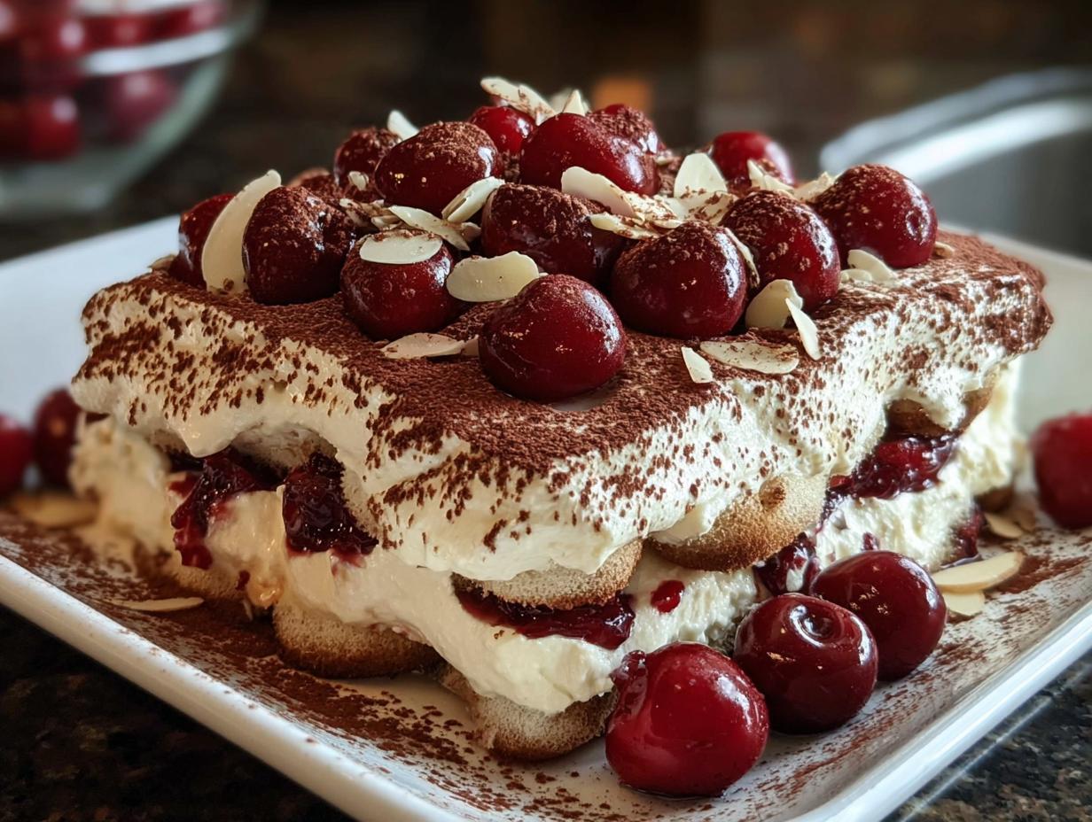 A decadent slice of Cherry Amaretto Tiramisu, layered with cream, cherries, and ladyfingers, topped with cocoa powder and fresh cherries.