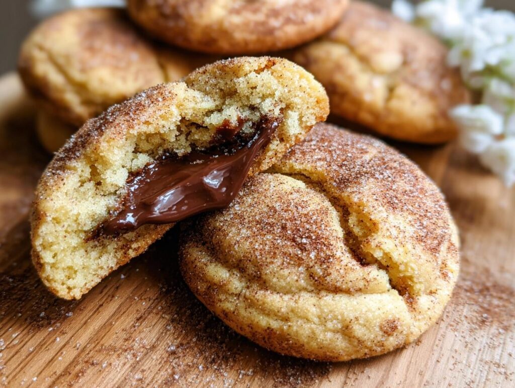 A close-up of a chewy churro cookie broken in half, revealing a rich, melted chocolate filling.