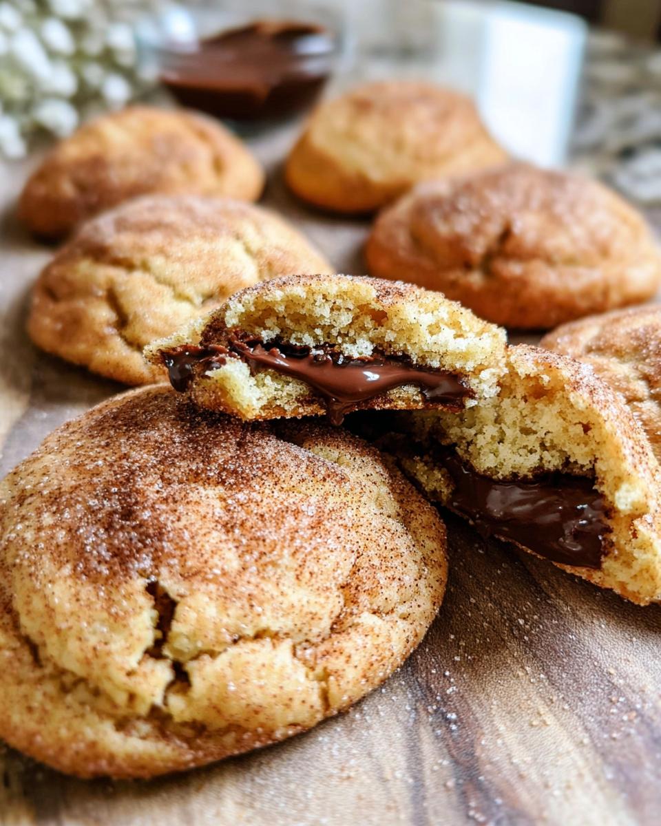 Close-up of Chewy Churro Cookies filled with melted chocolate, dusted with cinnamon sugar.