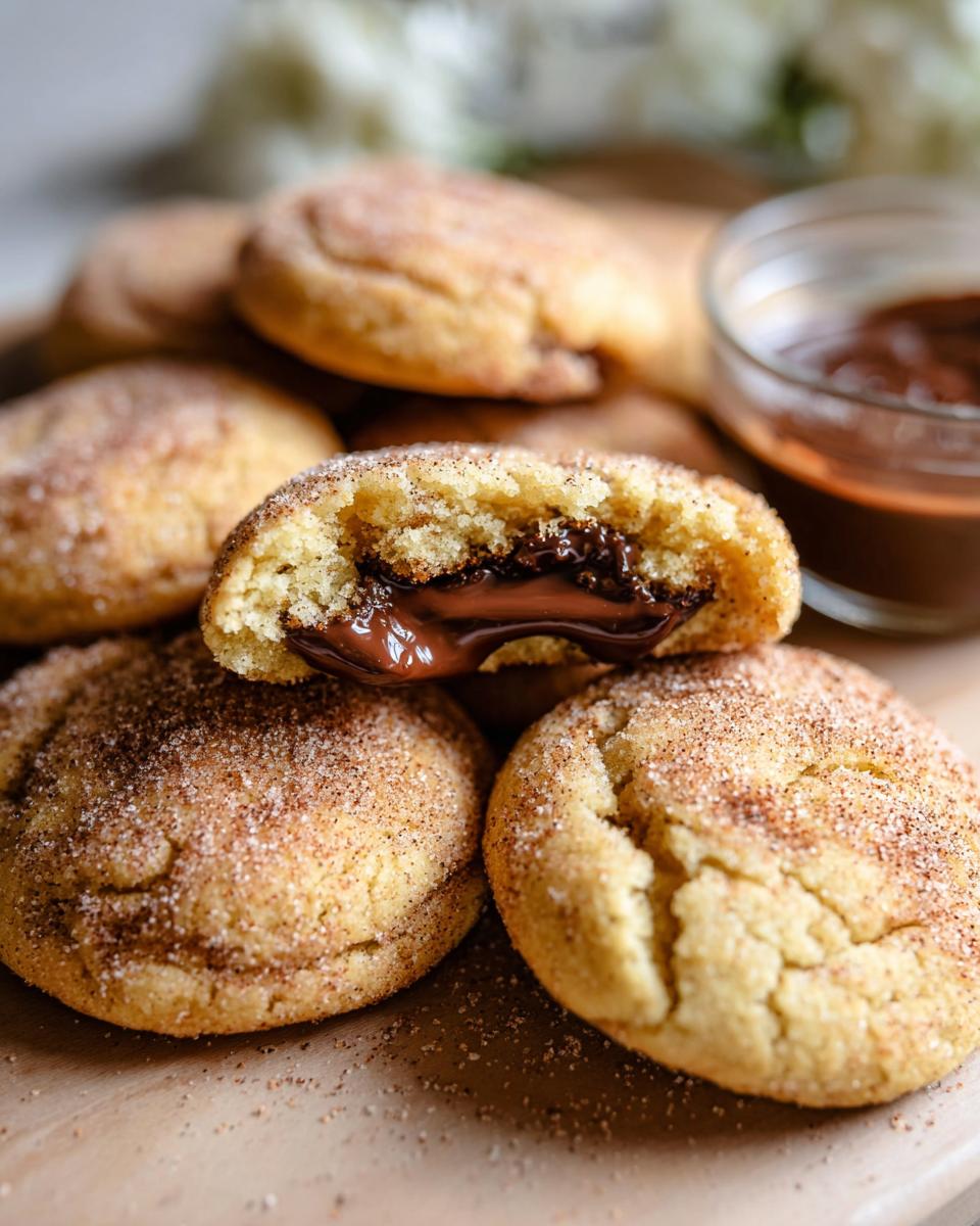 Close-up of a chewy churro cookie, split open to reveal a gooey chocolate filling. Other cookies and a bowl of chocolate sauce are in the background.