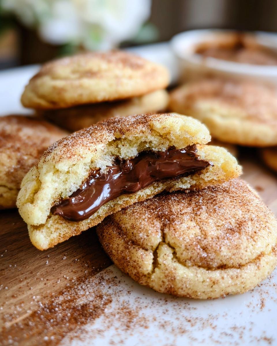 A close-up of a chewy churro cookie broken in half, revealing a rich, gooey chocolate filling.