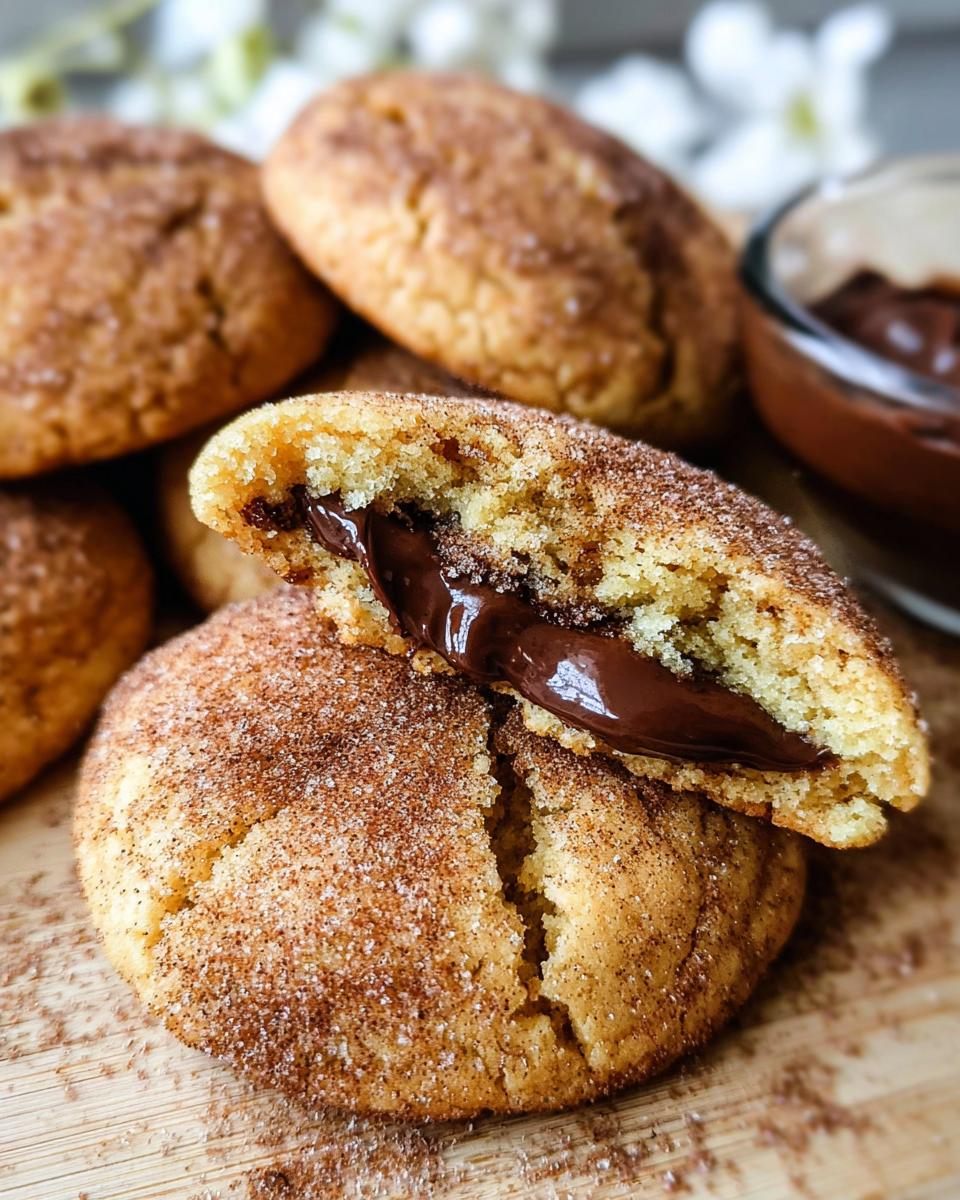 Close-up of a chewy churro cookie split open, revealing a rich, gooey chocolate center. Other cookies and a bowl of chocolate are in the background.