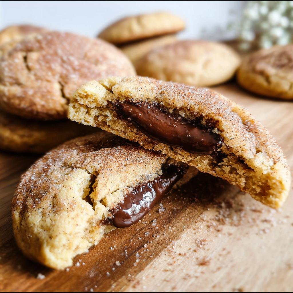 Close-up of a chewy churro cookie, split open to reveal a rich chocolate filling.