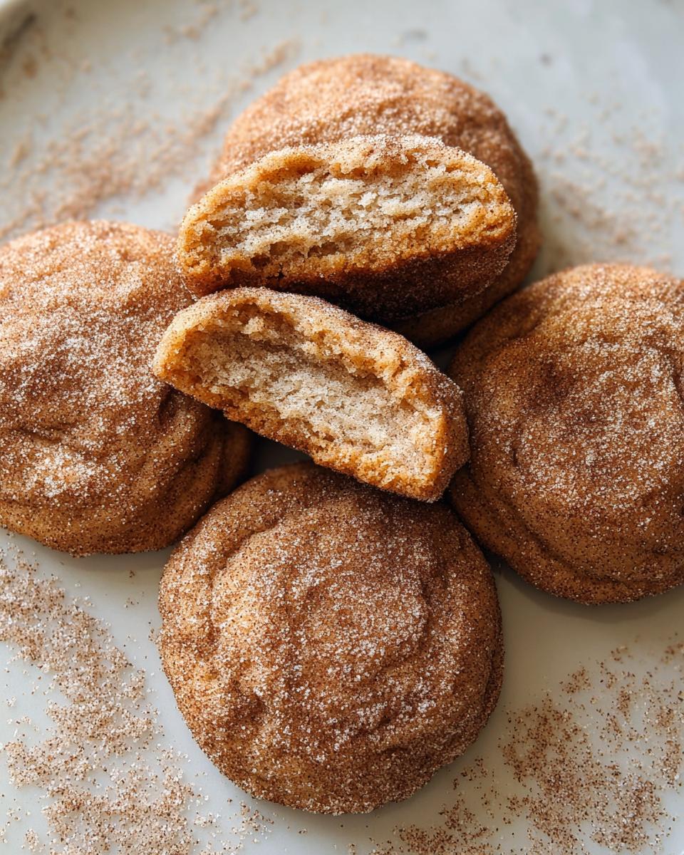 A stack of chewy churro cookies, one broken in half to show the soft, chewy interior, coated in cinnamon sugar.