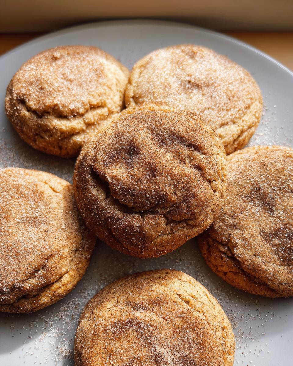 A close-up of several chewy churro cookies dusted with cinnamon sugar on a grey plate.