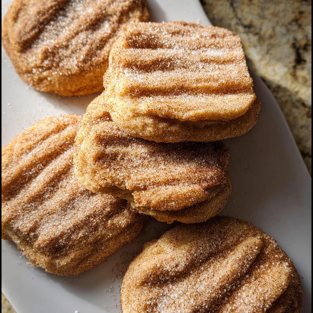 Close-up of several chewy churro cookies coated in cinnamon sugar, showcasing their ridged texture.