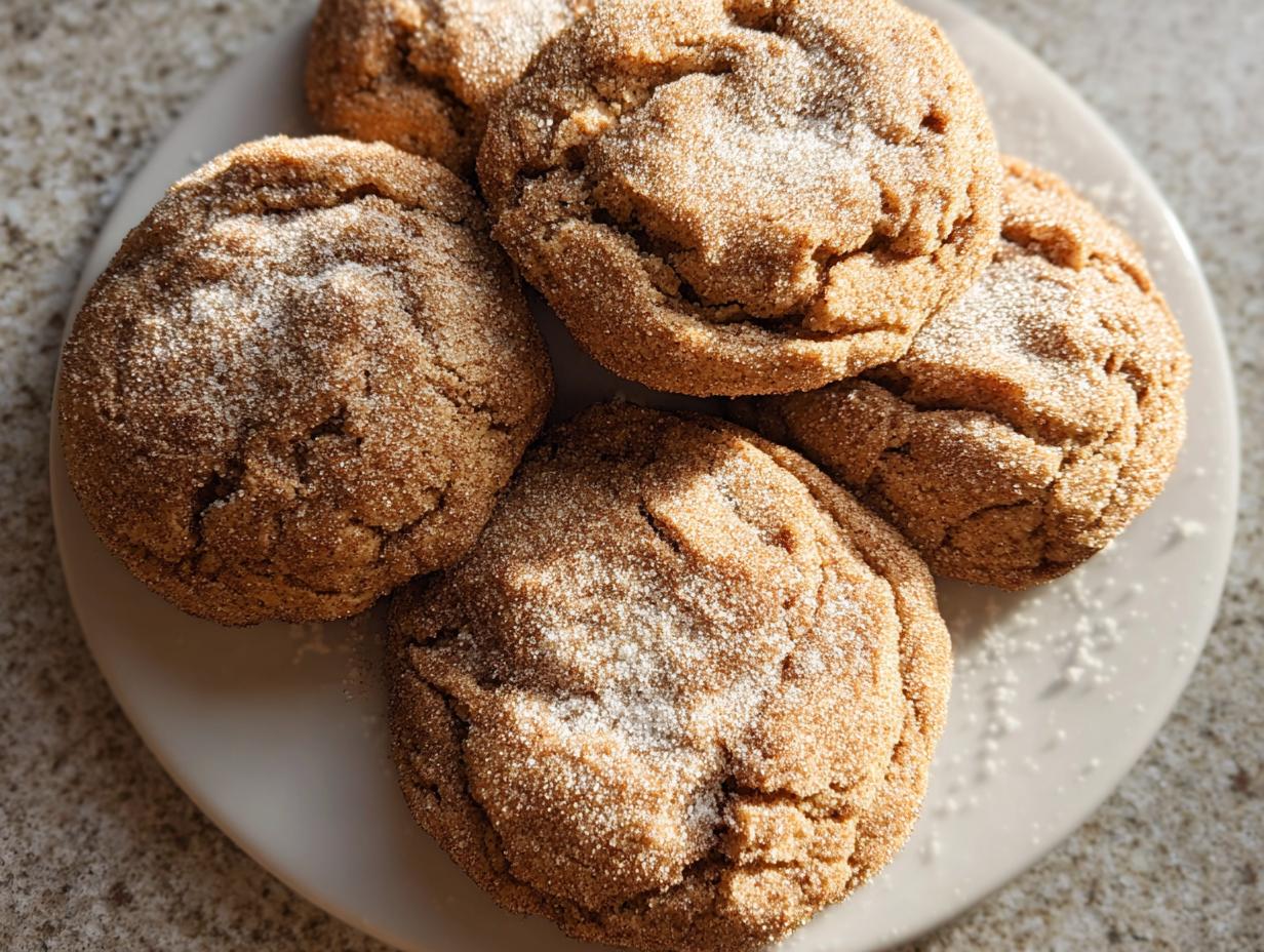 A close-up overhead view of five Chewy Churro Cookies dusted with sugar on a white plate.