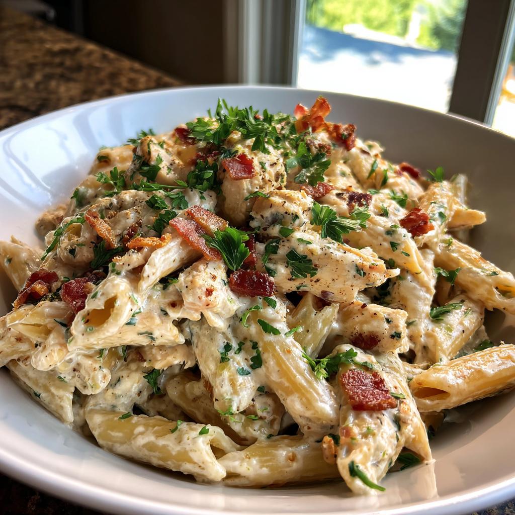 A bowl of creamy Chicken Bacon Ranch Penne Pasta topped with fresh parsley and crispy bacon bits.