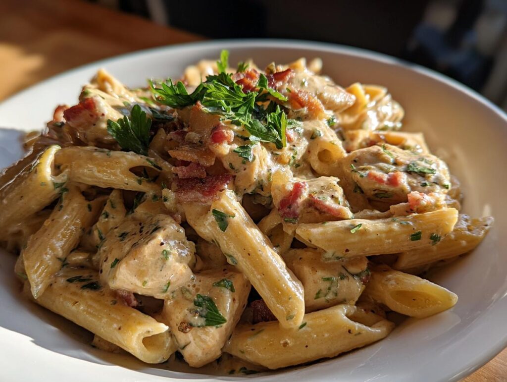 A close-up of creamy Chicken Bacon Ranch Penne pasta, garnished with parsley and bacon bits.