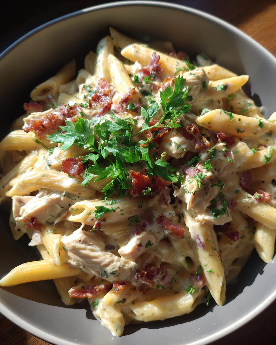 A close-up of a bowl filled with creamy Chicken Bacon Ranch Penne Pasta, garnished with fresh parsley.