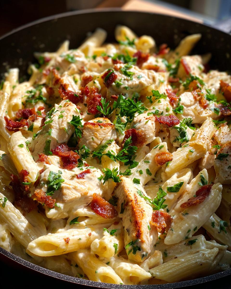 Close-up of creamy Chicken Bacon Ranch Penne pasta in a pan, garnished with fresh parsley.