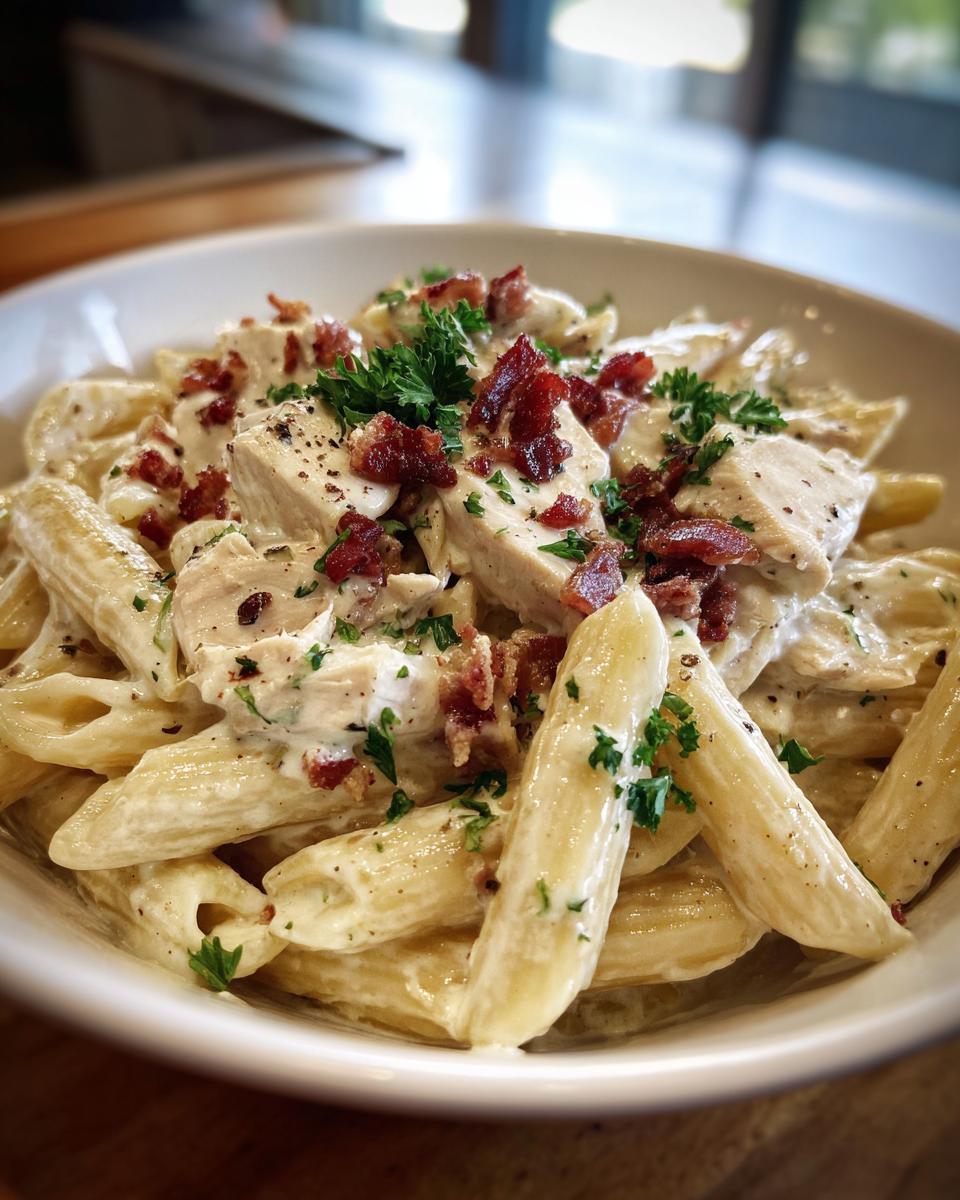 A close-up of creamy Chicken Bacon Ranch Penne pasta, topped with crumbled bacon and fresh parsley.