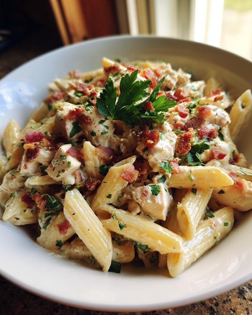 A close-up of creamy Chicken Bacon Ranch Penne pasta, topped with crumbled bacon and fresh parsley.