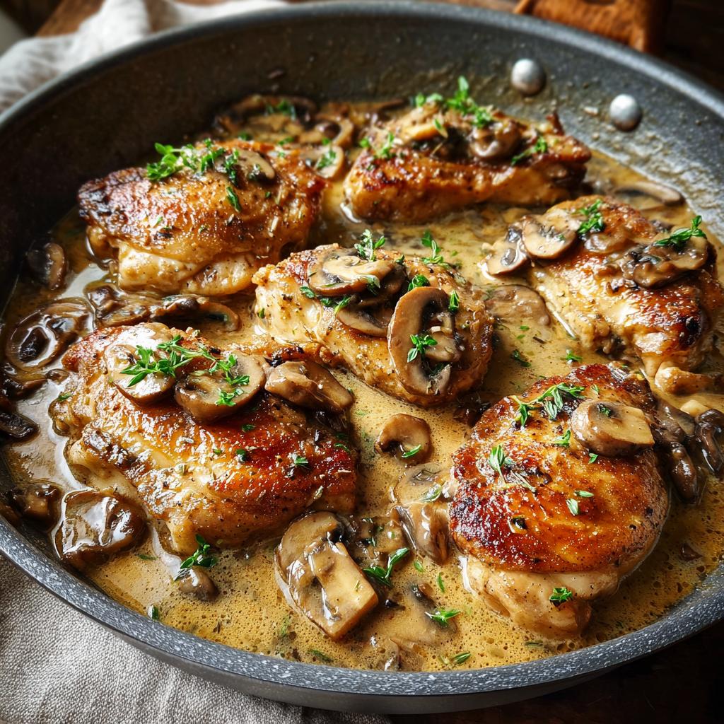 Pan-seared chicken breasts in a rich, creamy mushroom sauce, garnished with fresh herbs.