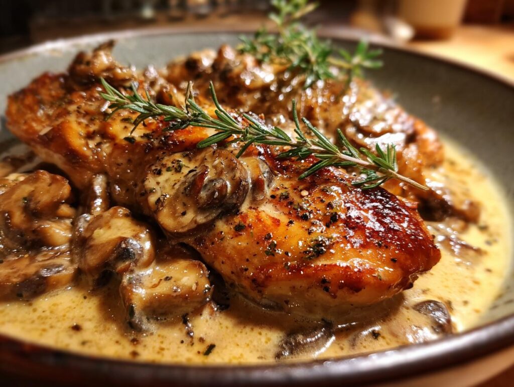 Close-up of pan-seared chicken breast smothered in a rich creamy mushroom skillet sauce, garnished with rosemary.