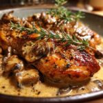 Close-up of pan-seared chicken breast smothered in a rich creamy mushroom skillet sauce, garnished with rosemary.