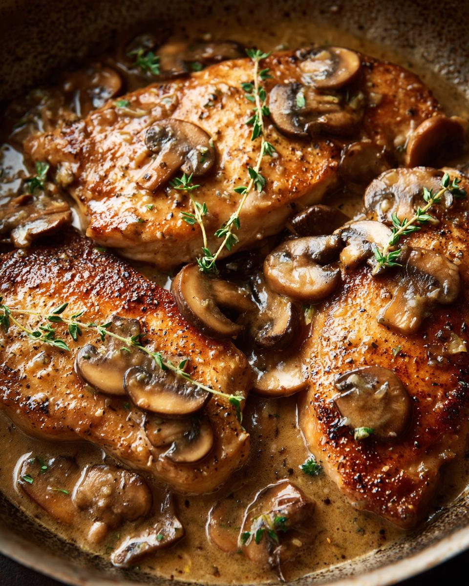 Close-up of pan-seared chicken breast in a creamy mushroom skillet sauce, garnished with fresh thyme.