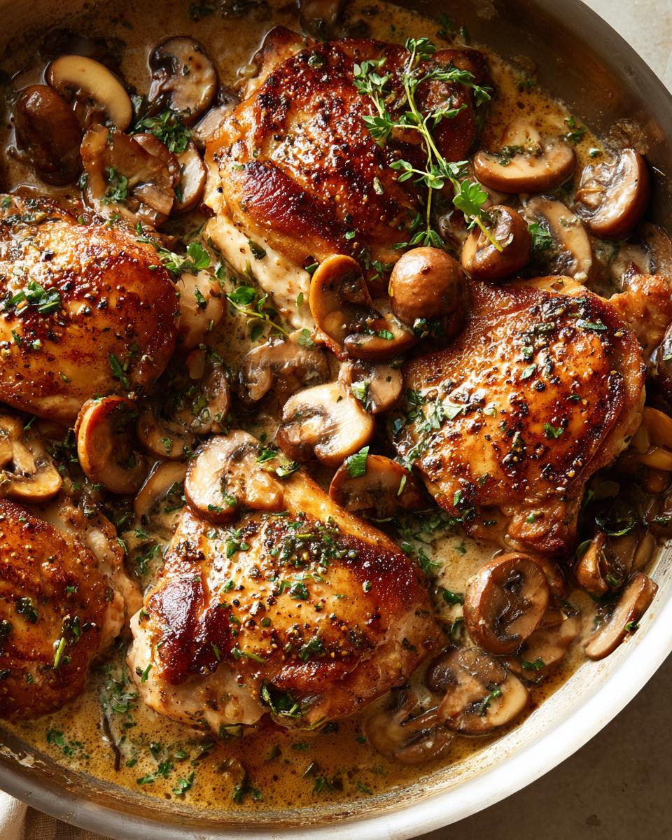 Close-up of pan-seared chicken breasts in a creamy mushroom skillet sauce, garnished with fresh herbs.
