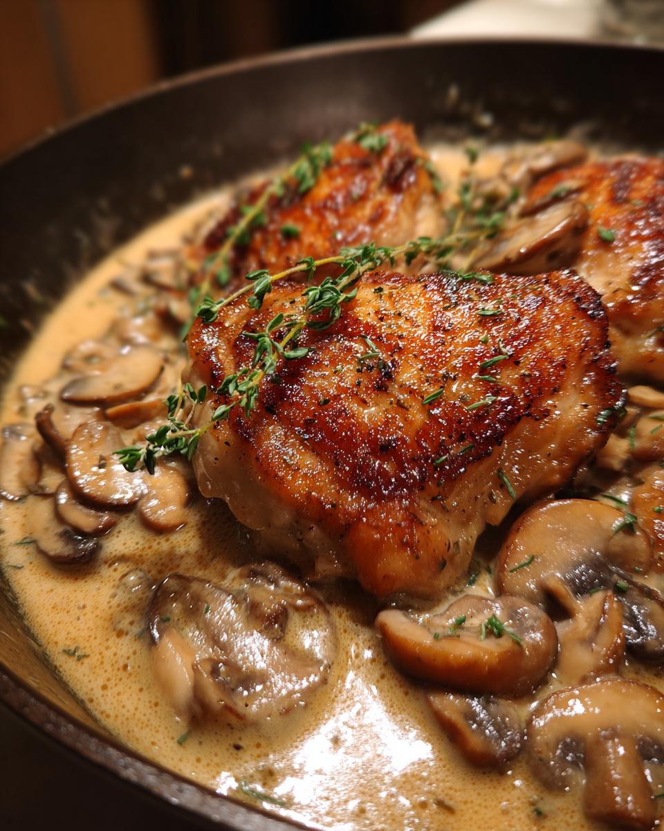 Close-up of pan-seared chicken breast pieces in a creamy mushroom skillet sauce, garnished with fresh thyme.