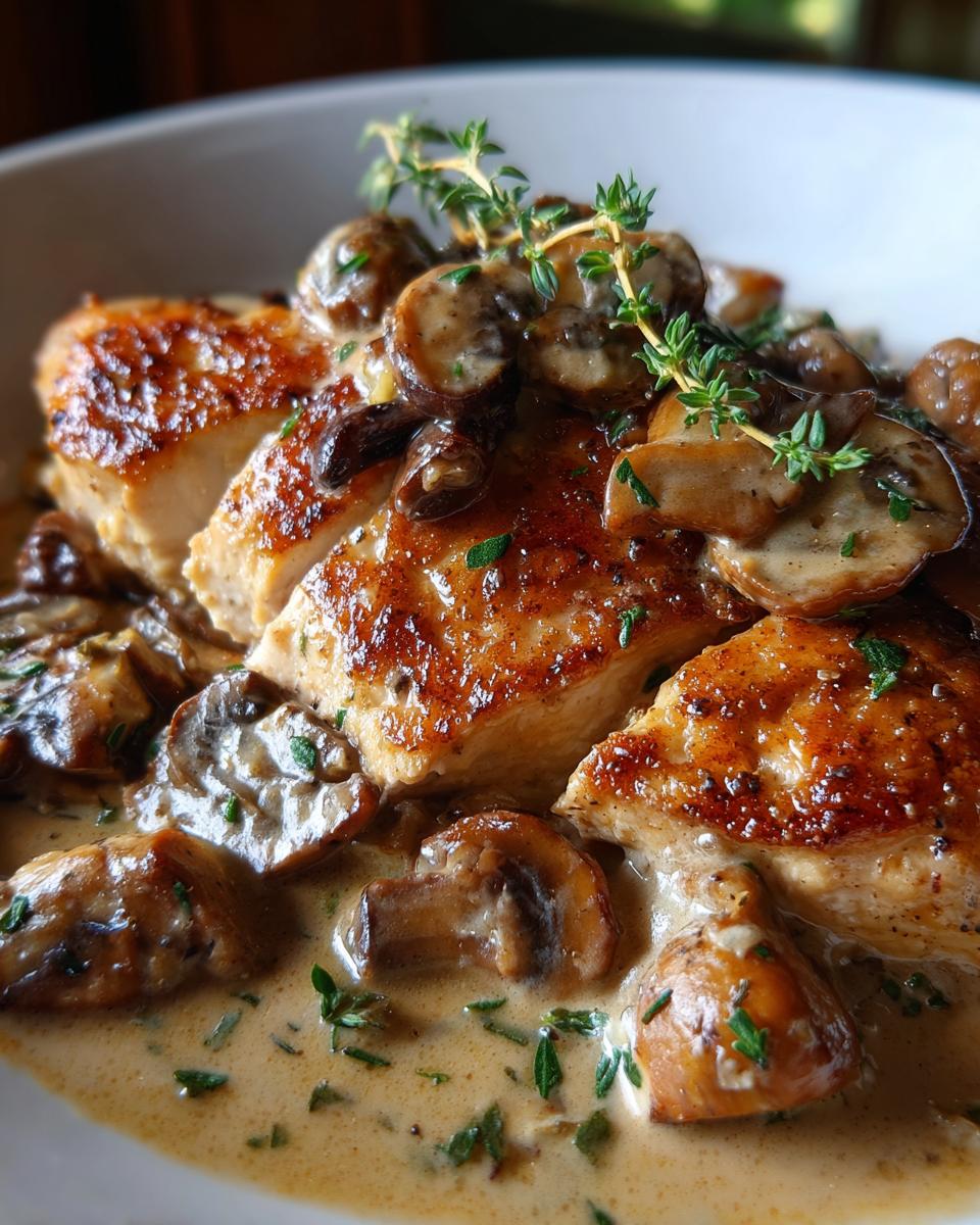 Close-up of pan-seared chicken breast slices covered in a rich, creamy mushroom skillet sauce, garnished with fresh thyme.