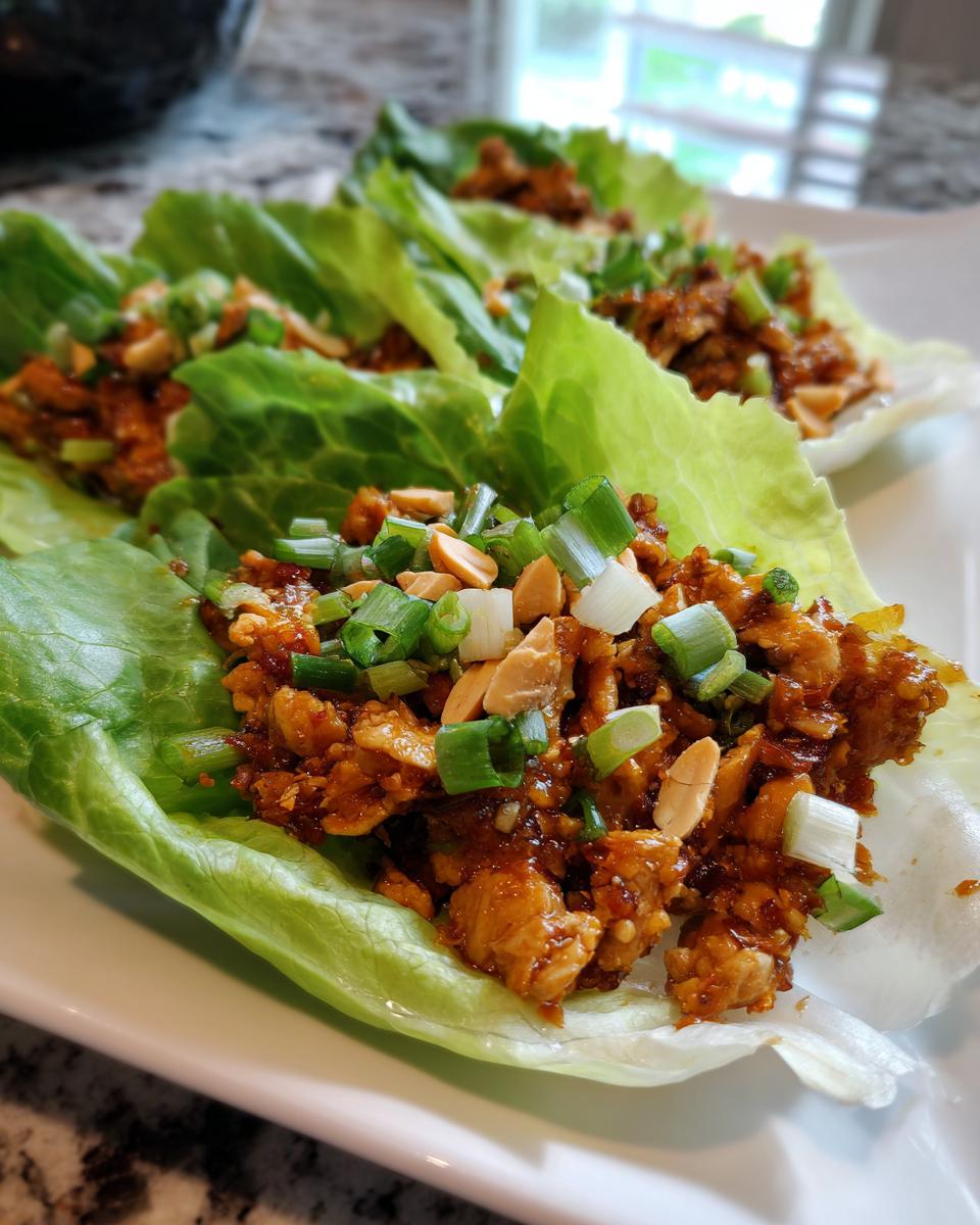 Close-up of fresh chicken lettuce wraps filled with seasoned chicken, topped with chopped peanuts and green onions.