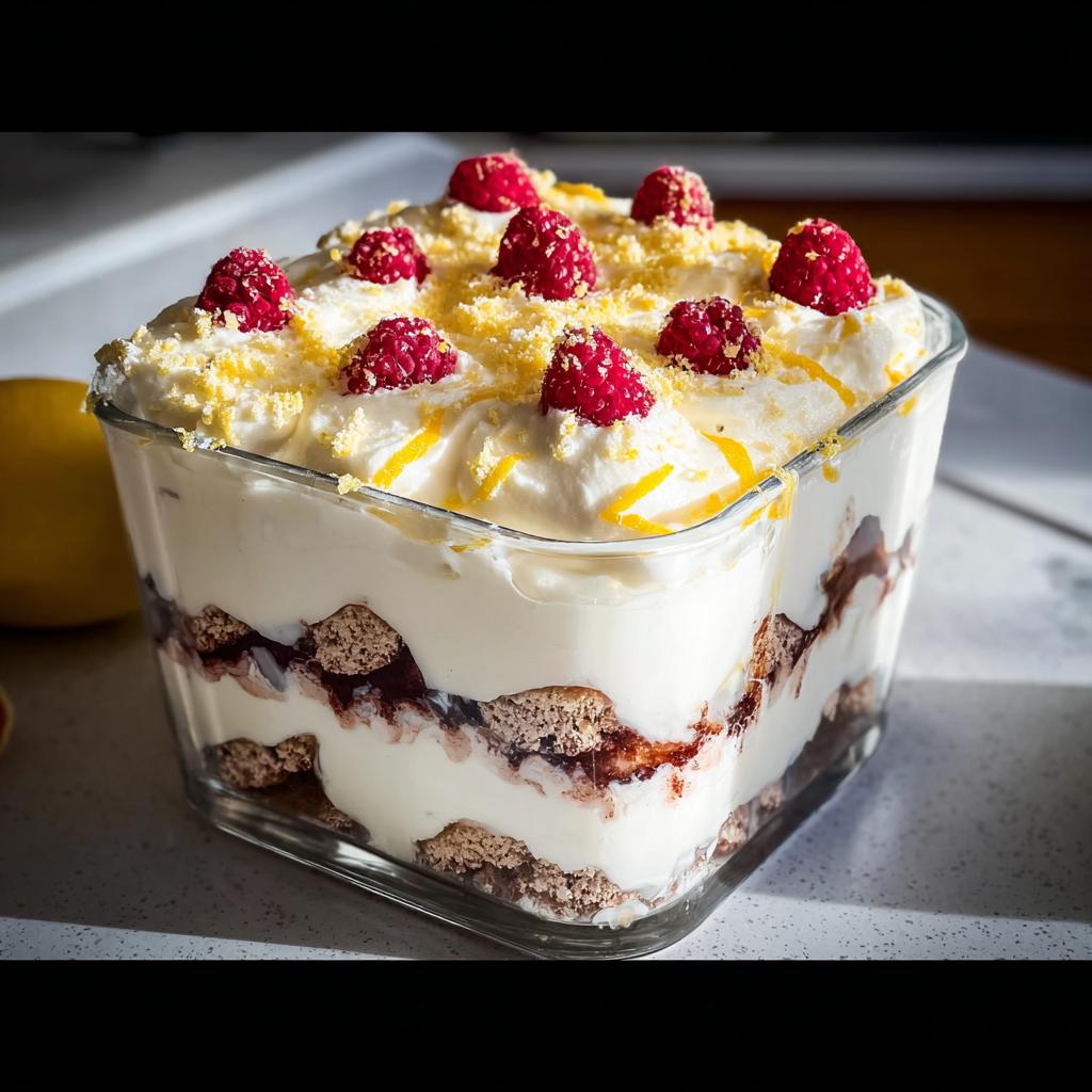 A layered Chocolade Lasagne dessert in a glass dish, topped with whipped cream, raspberries, and lemon zest.