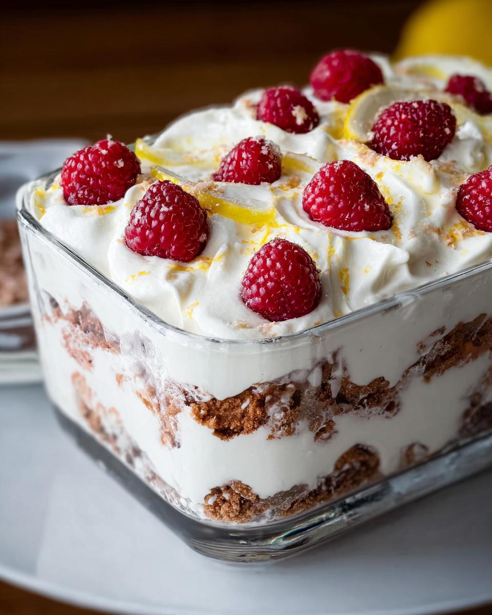 A close-up of a Chocolade Lasagne dessert in a glass dish, topped with whipped cream, raspberries, and lemon slices.