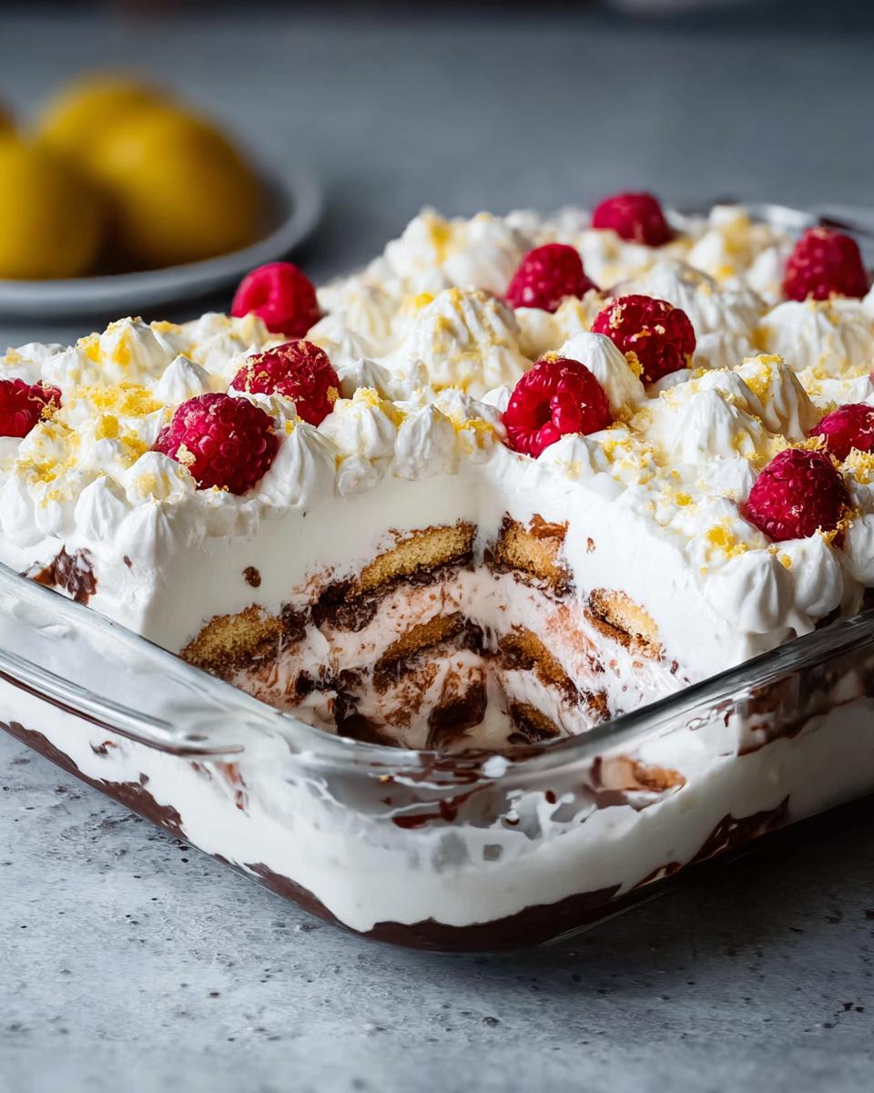 A slice of Chocolade Lasagne dessert in a glass dish, layered with cookies, chocolate, and whipped cream, topped with raspberries and lemon zest.