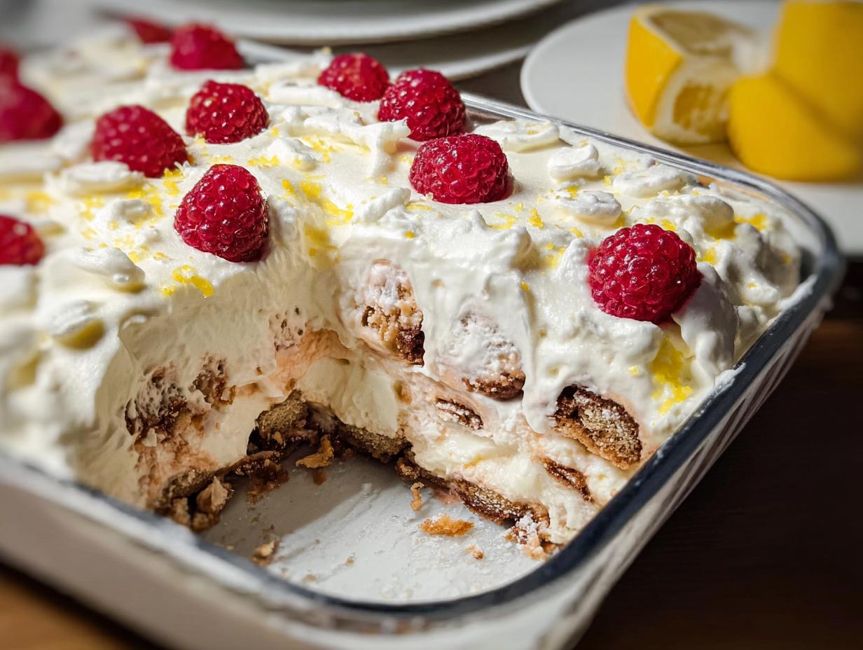 A slice of Chocolade Lasagne dessert in a glass dish, topped with whipped cream, raspberries, and lemon zest.