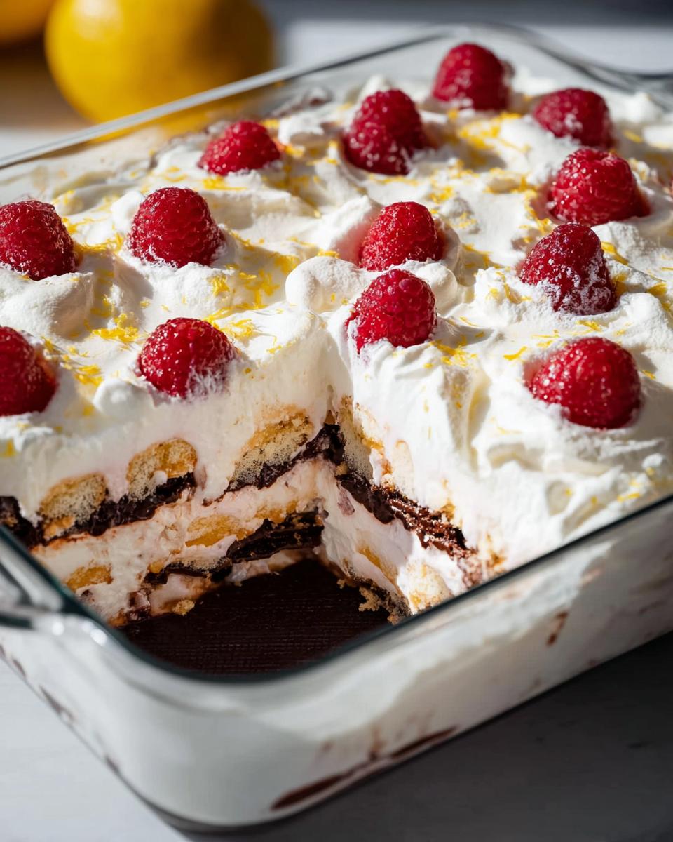 A slice of Chocolade Lasagne dessert with layers of cream, cookies, and chocolate, topped with raspberries and lemon zest.