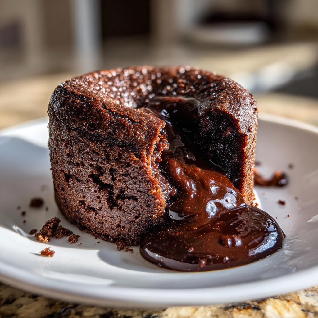 A rich chocolate lava cake with molten chocolate oozing from the center, perfect for dessert recipes.