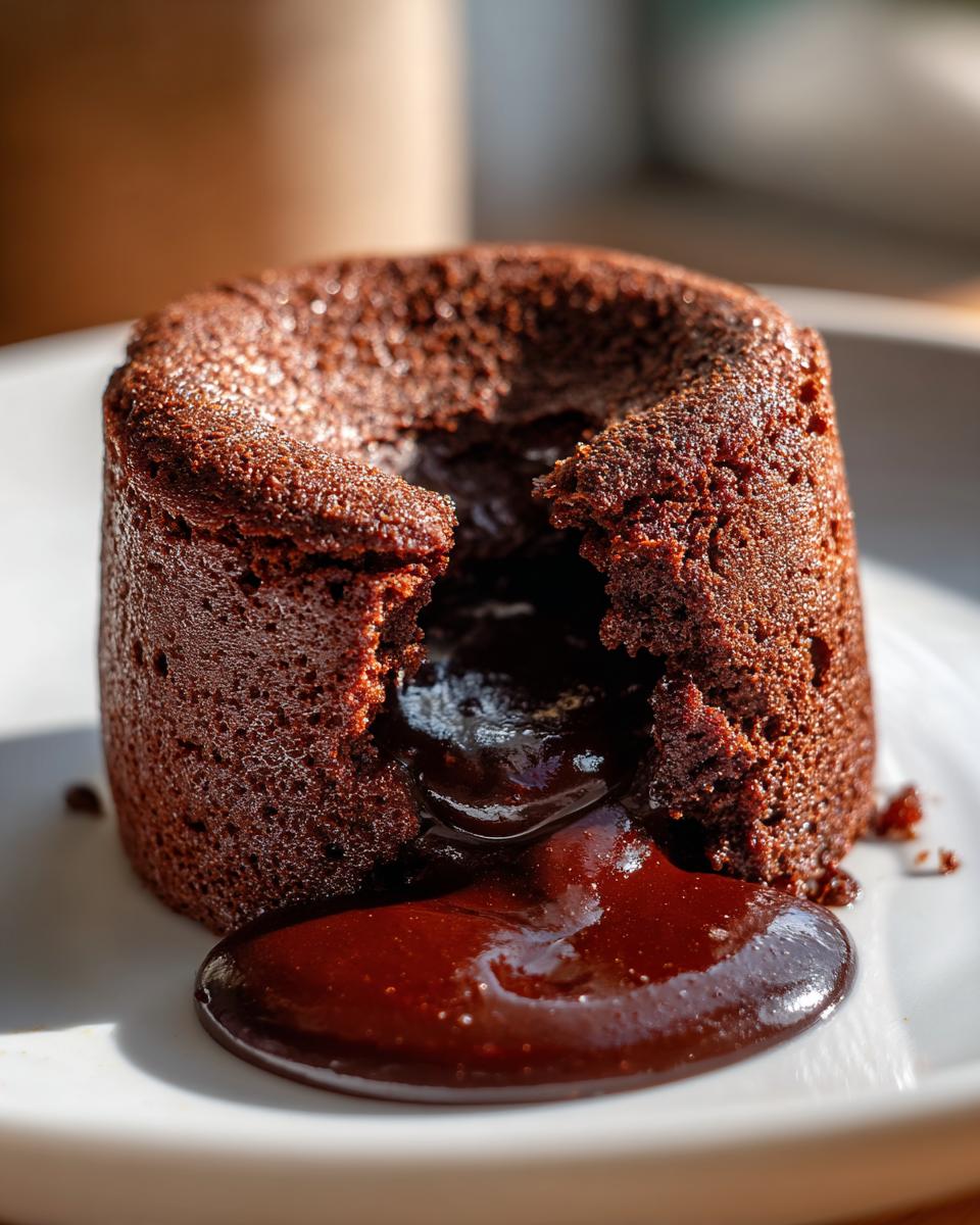 Close-up of a rich chocolate lava cake with a gooey molten chocolate center oozing out.