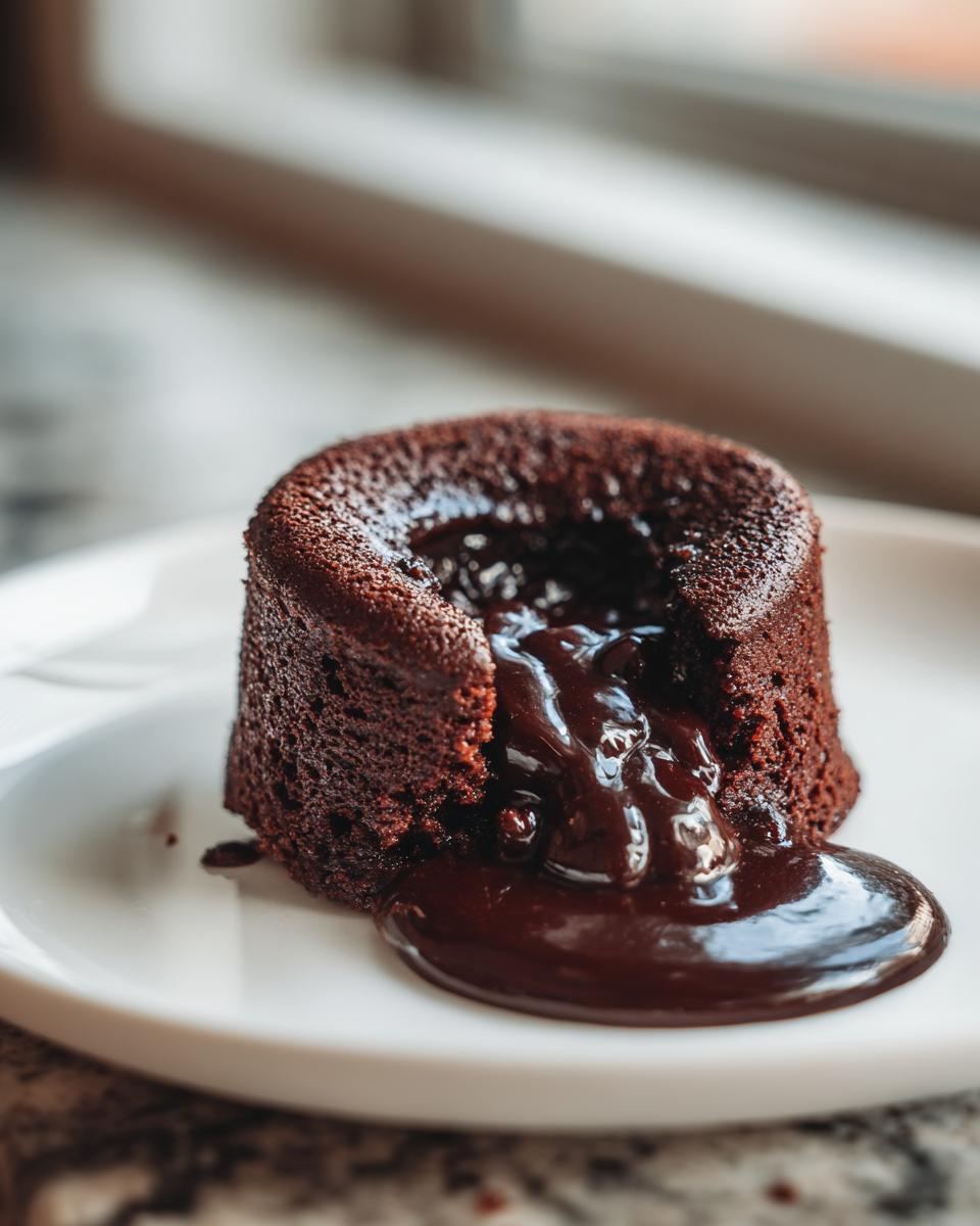 A decadent chocolate lava cake with molten chocolate oozing out, perfect for dessert recipes.