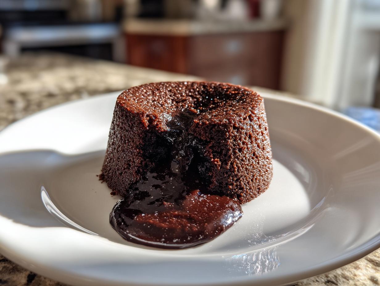 A rich chocolate lava cake with molten chocolate oozing out onto a white plate. Perfect for dessert recipes.