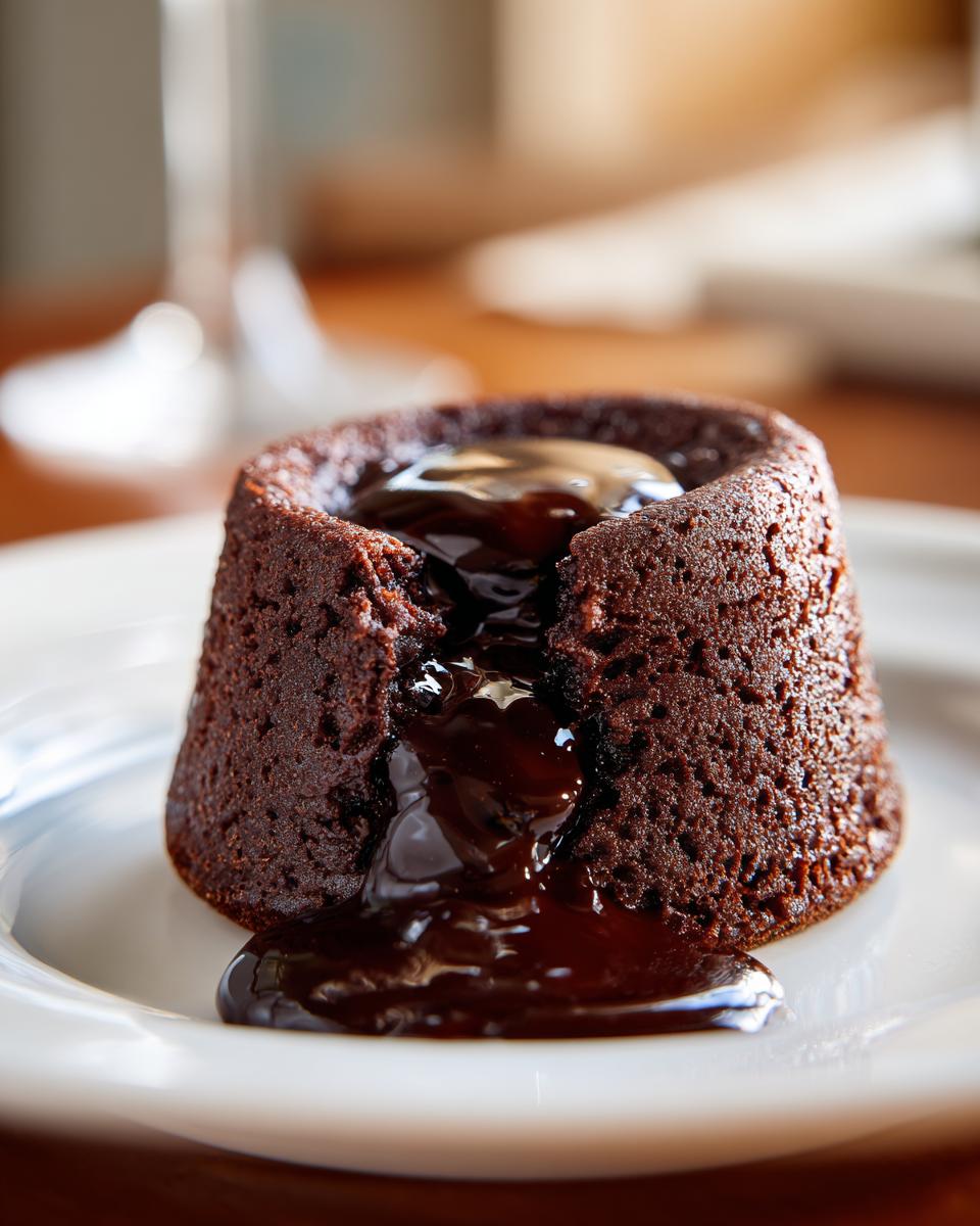 A close-up of a warm chocolate lava cake with molten chocolate oozing out.