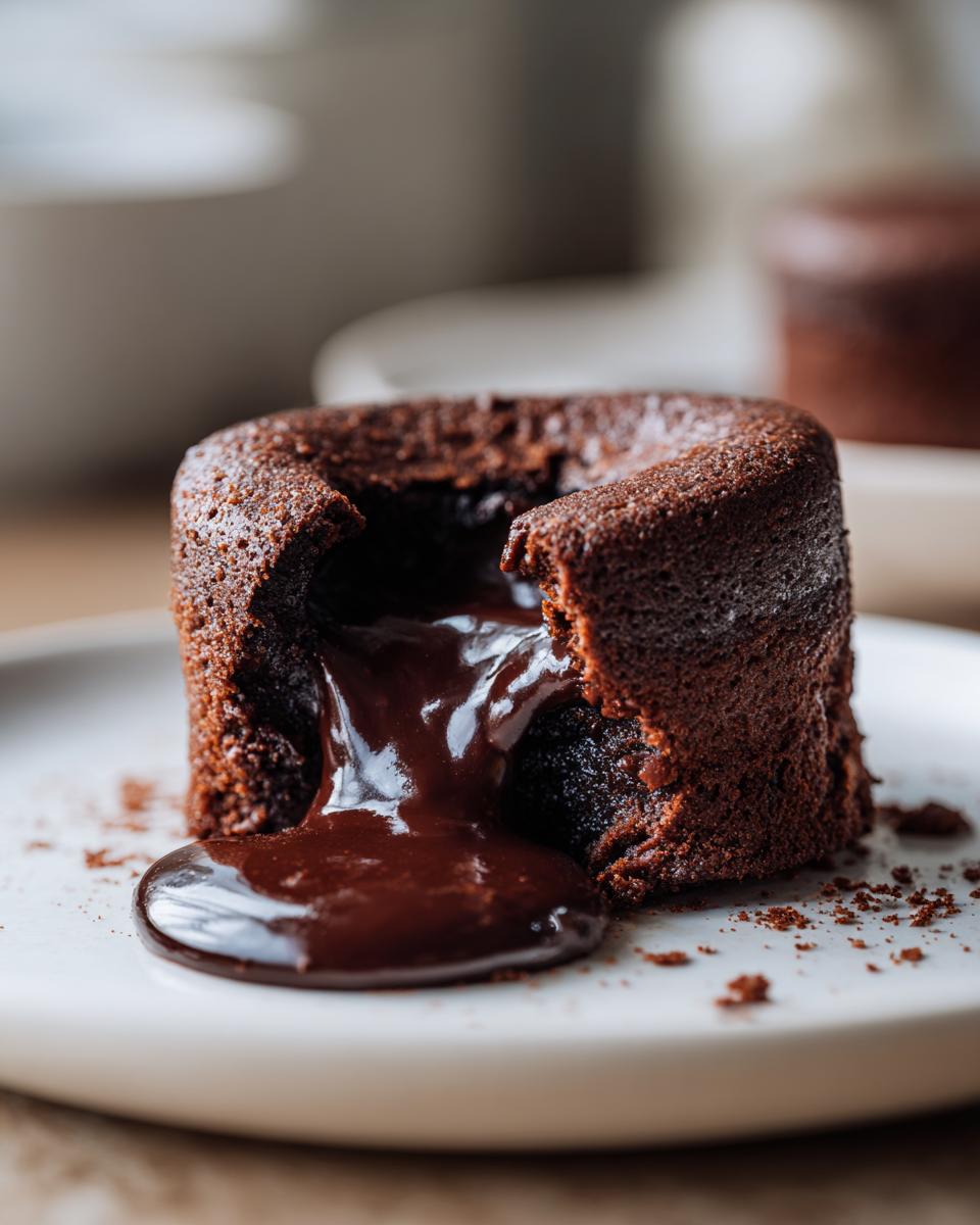 A close-up of a warm chocolate lava cake with molten chocolate oozing out, part of dessert recipes for chocolate lava cakes in under 30 minutes.