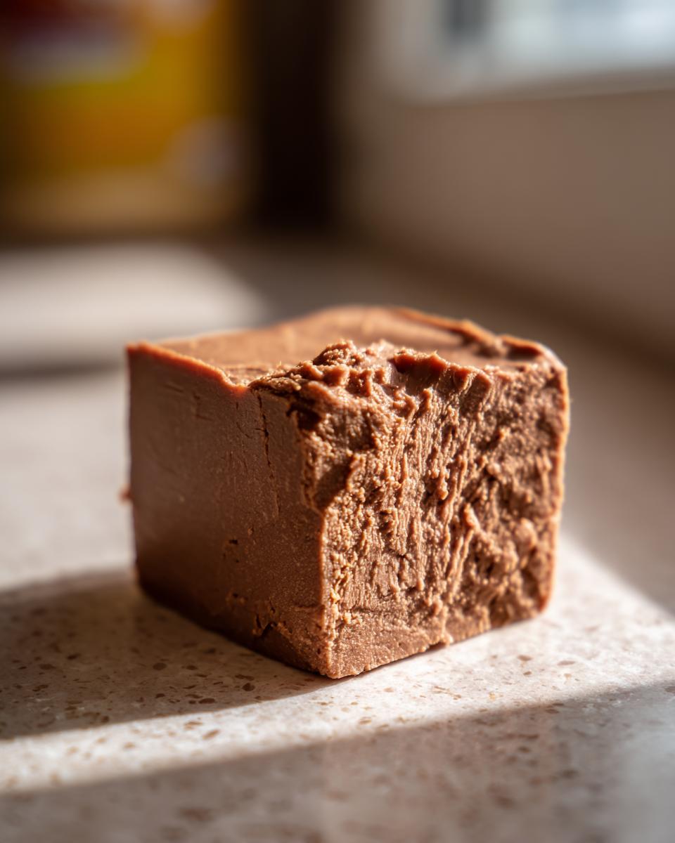 A single, rich chocolate peanut butter fudge square with a slightly crumbly texture, bathed in sunlight.