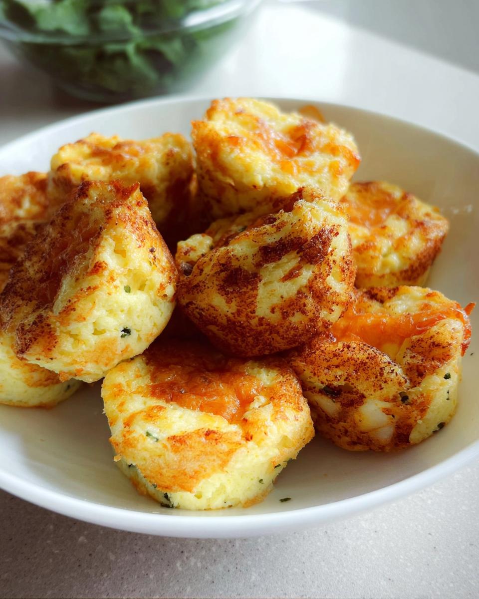 A close-up of a bowl filled with golden-brown Cinnamon Apple Cottage Cheese Bites, sprinkled with cinnamon.
