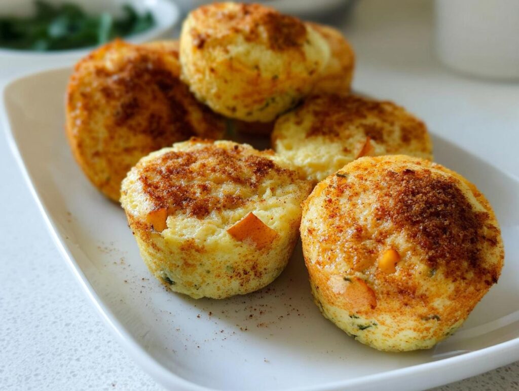 A close-up of several Cinnamon Apple Cottage Cheese Bites on a white plate, sprinkled with cinnamon.