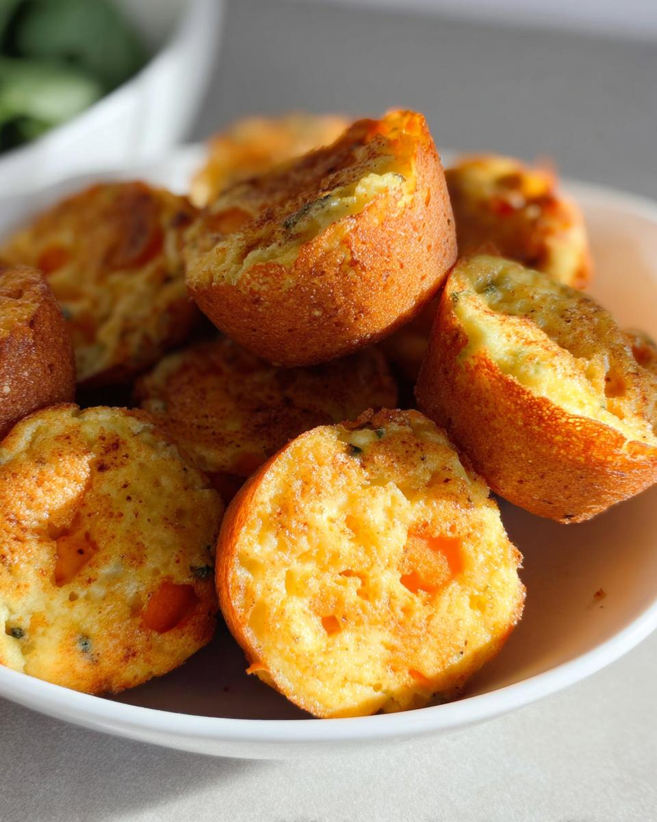 Close-up of golden-brown Cinnamon Apple Cottage Cheese Bites in a white bowl, showing visible apple pieces.