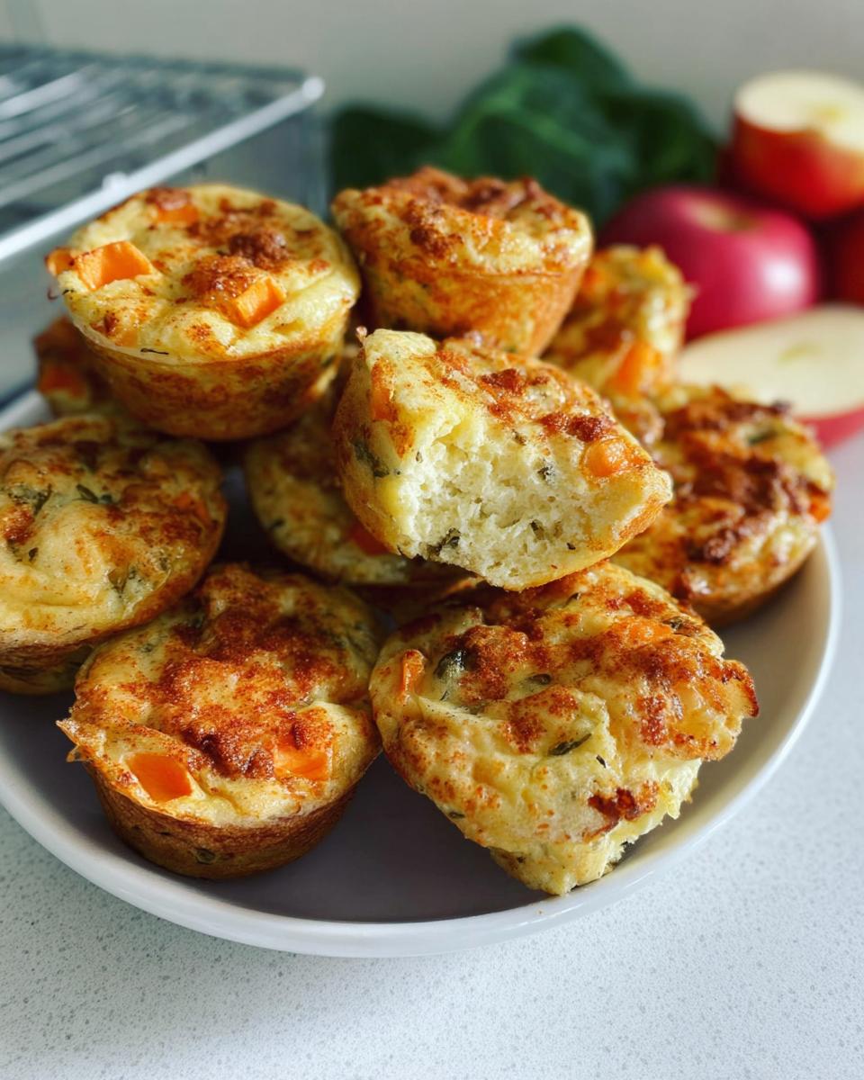 A close-up of a stack of Cinnamon Apple Cottage Cheese Bites, with one bite taken out of the top one.