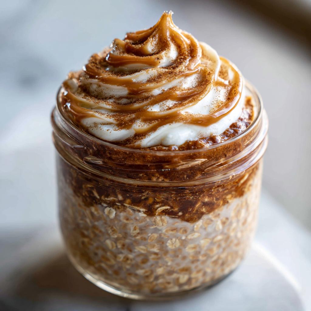 A delicious jar of cinnamon roll overnight oats topped with whipped cream, caramel drizzle, and cinnamon.