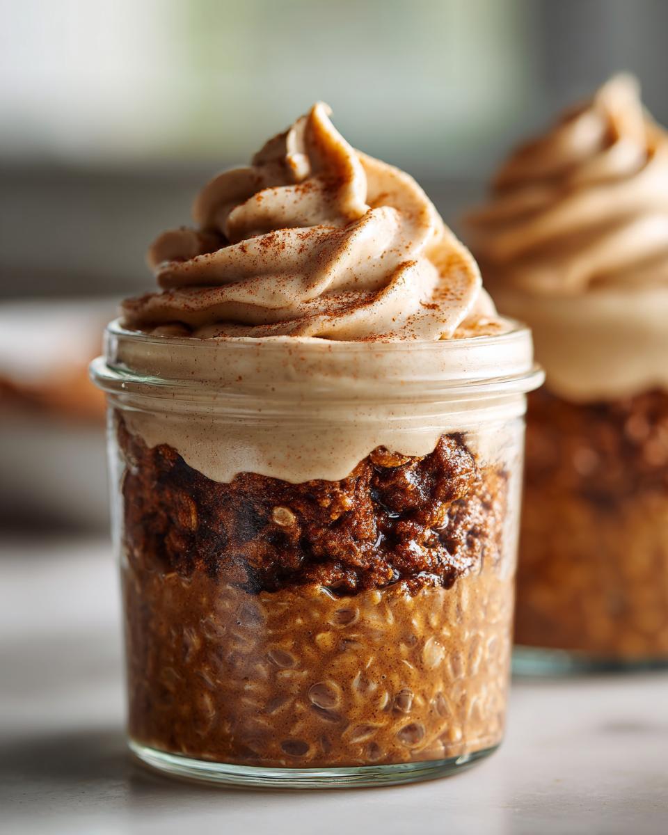 Close-up of Cinnamon Roll Overnight Oats in a jar, topped with creamy frosting and cinnamon.